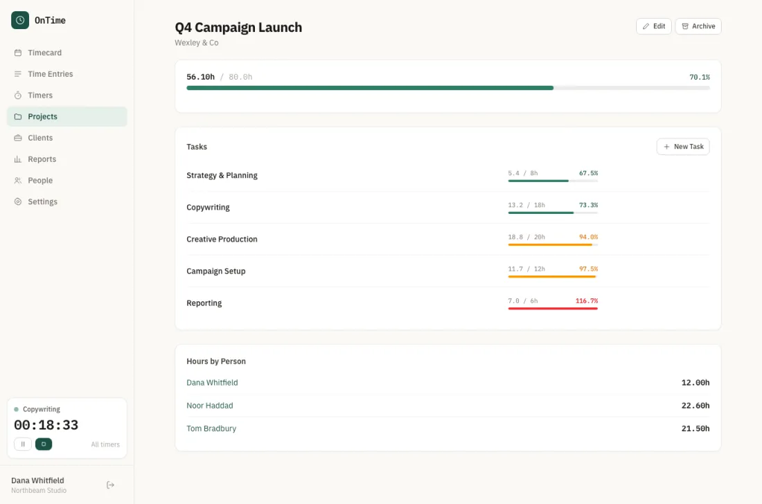 A single OnTime project broken down by task, each task showing hours used against its own budget.