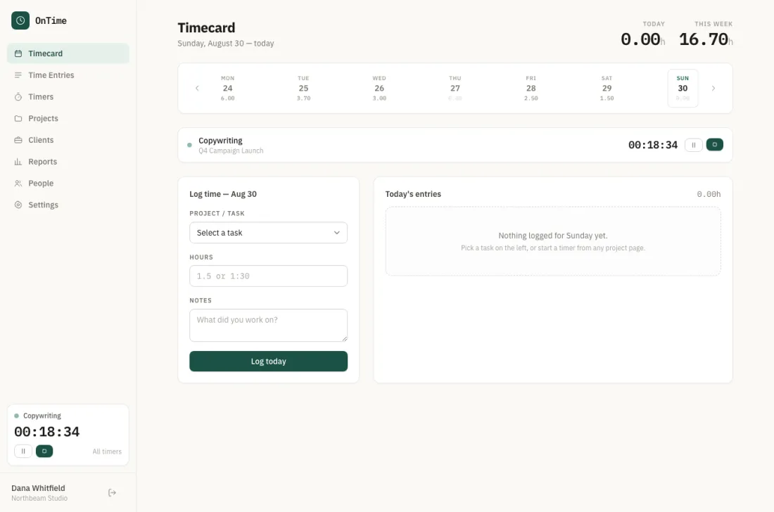 The OnTime daily timecard with a running timer, the week's hours along the top, and today's entries.